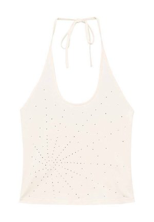 Top halter bianco realizzato in tessuto morbido, con un motivo di piccoli strass neri disposti in un design a spirale. Si lega al collo.