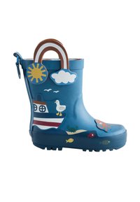 Botte de pluie bleue pour enfants avec des décorations sur le thème de la mer, incluant un bateau, une mouette, un crabe, un poisson, une pieuvre, le soleil, un nuage et une poignée arc-en-ciel.