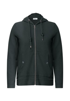 Donkergroene zip-up hoodie met een gevoerde capuchon, trekkoorden, twee voorzakken, ribbeltextuur en zilveren hardwareaccenten.
