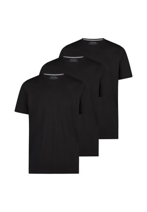 Drei schlichte schwarze Kurzarm-T-Shirts mit Rundhalsausschnitt übereinander gestapelt, Vorderansicht auf weißem Hintergrund.