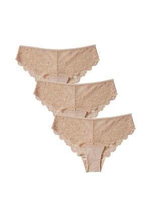 Tre paia di culotte in pizzo beige, con motivi floreali, bordi ondulati e un morbido tessuto in rete per il comfort.