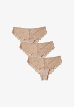 Tre paia di culotte in pizzo beige, con motivi floreali, bordi ondulati e un morbido tessuto in rete per il comfort.
