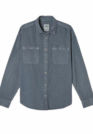 Denim shirt in a medium grey hue with a button-up front, two chest pockets, and a classic collar. Features long sleeves and stitched detailing.