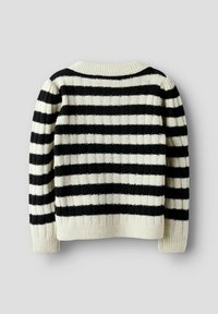 Pull en tricot à manches longues avec des rayures horizontales noires et blanches, avec des poignets, un ourlet et un col côtelés, présenté de dos sur un fond gris.