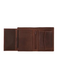 Braune Lederbrieftasche geöffnet, zeigt Kartenfächer, ein Reißverschlussfach in der Mitte und ein Münzfach auf der rechten Seite.