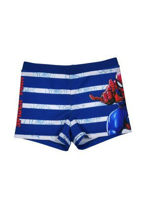 Blaue und weiße gestreifte Badeshorts für Jungen mit Spider-Man-Grafik auf der rechten Seite und rotem "Spider Man"-Text auf der linken Seite.