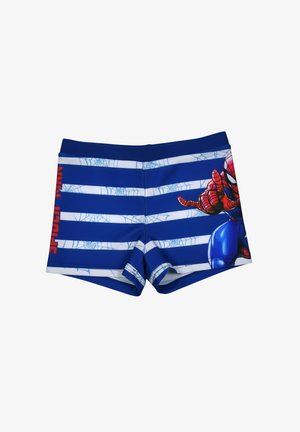 Costume da bagno a righe blu e bianche da ragazzi con grafica di Spider-Man sul lato destro e testo "Spider Man" in rosso sul lato sinistro.