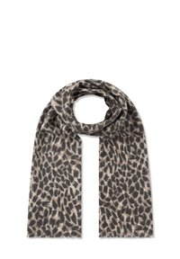 Sciarpa con stampa leopardo in beige e grigio, realizzata in tessuto morbido, con estremità frangiate e un design fluido. Accessorio classico e versatile.