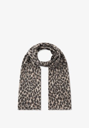 Leopard print scarf in beige and gray, made from soft fabric, featuring fringed ends and a flowing design. Classic and versatile accessory.