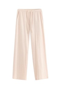 Ljusrosa pyjamasbyxor i mjukt bomullstyg, med tunna horisontella ränder, elastisk midja och sidofickor.