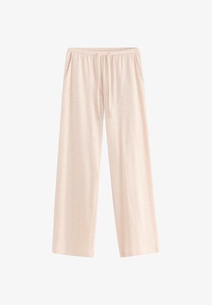 Ljusrosa pyjamasbyxor i mjukt bomullstyg, med tunna horisontella ränder, elastisk midja och sidofickor.