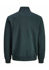 Ciemnozielona bluza z wysokim kołnierzem, wykonana z gładkiego materiału. Posiada ściągacze na mankietach oraz prosty dół. Prosty, czysty design.