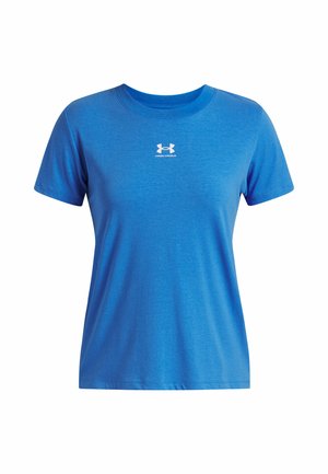 Blaues Kurzarm-T-Shirt aus weichem Stoff mit Rundhalsausschnitt. Mit einem weißen Under Armour-Logo auf der Brust.