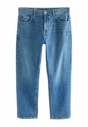 Jeans din denim de culoare albastră deschisă, cu croială dreptă, caracterizându-se printr-un design clasic cu cinci buzunare, cusături vizibile și sistem de închidere cu nasturi.