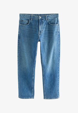 Jeans droit en denim bleu clair, dotés d'un design classique à cinq poches, de coutures visibles et d'une fermeture à bouton.