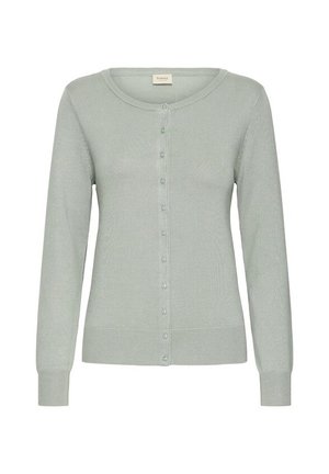 Cardigan lavorato a maglia grigio chiaro a manica lunga con scollo rotondo e chiusura frontale con bottoni.