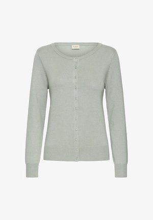 Hellgraue, langärmelige, gestrickte Strickjacke mit rundem Ausschnitt und Knopfleiste vorne.