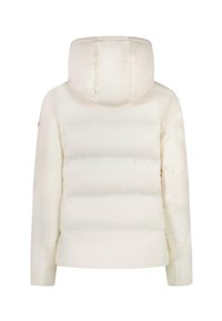 Pufferjack in crème met een capuchon, voorzien van een gestikt ontwerp, rechte snit en een gladde textuur. De achterkant toont gelijkmatig verdeelde stiksels.