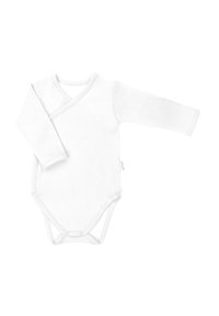 Biały długi rękaw body z bawełny z kopertowym dekoltem, zapinane na zatrzaski u dołu, o miękkiej teksturze.