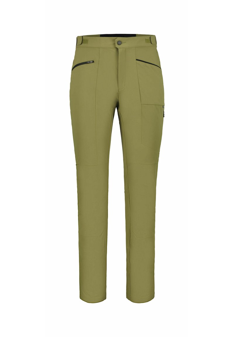 Pantalones verdes de pierna recta con bolsillos laterales con cremallera, botón frontal y presillas para cinturón, diseñados para uso al aire libre o informal.