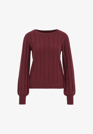 Burgundska pletena pulover s vertikalnim rebrastim vzorcem, okroglo ovratnikom in balonskimi rokavi; izdelan iz mehkega, teksturiranega materiala.