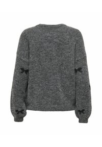 Donkergrijze gebreide trui met lange poffende mouwen, voorzien van kleine zwarte strikmotieven op de mouwen, gezien van achteren.