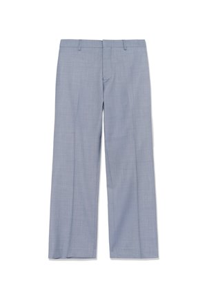 Pantaloni azzurri in tessuto strutturato con design a gamba dritta, caratterizzati da una parte anteriore piatta, passanti per la cintura e due tasche posteriori.