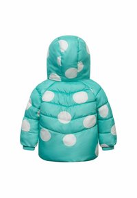 Tyrkysová péřová bunda s kapucí, se velkými bílými puntíky, strukturovaným prošívaným designem a elastickými manžetami.