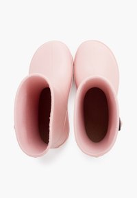 Bottes de pluie en caoutchouc roses avec un extérieur lisse et une doublure rose douce. Dotées d'un bout arrondi et d'un design à couper bas pour un enfilage facile.