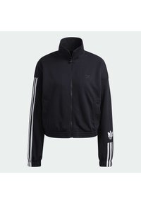 Black zip-up jacket with a high collar, made of soft fabric. Features white three-stripe accents on sleeves and an embroidered logo on the chest.