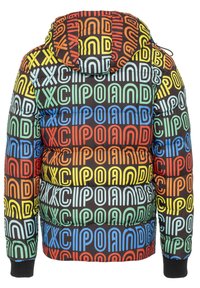 Kleurrijke donsjas met een zwarte basis, voorzien van repetitieve meerkleurige tekstpatronen. Voorzien van een capuchon en elastische manchetten.