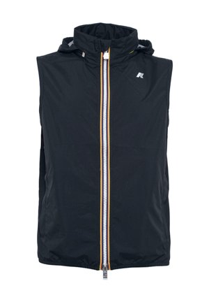 Gilet senza maniche nero realizzato in tessuto leggero, con cerniera frontale con accenti gialli e bianchi e colletto alto.