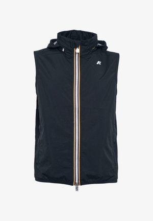 Gilet senza maniche nero realizzato in tessuto leggero, con cerniera frontale con accenti gialli e bianchi e colletto alto.