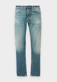 Ανδρικό μπλε ξεθωριασμένο τζιν σε στενή γραμμή με μπροστινές τσέπες, θηλιές ζώνης, κούμπωμα με κουμπί και διακριτική λεπτομέρεια αποχρωματισμού στους μηρούς.