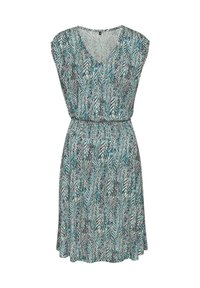 Rakstā bez piedurknēm ar V veida izgriezumu, īsām piedurknēm un elastīgu jostu. Iekļautais zaļš, melns un rozā abstrakts prints vieglā audumā.