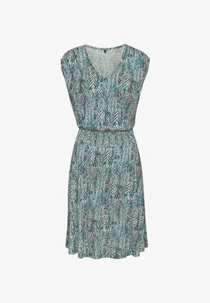 Rakstā bez piedurknēm ar V veida izgriezumu, īsām piedurknēm un elastīgu jostu. Iekļautais zaļš, melns un rozā abstrakts prints vieglā audumā.