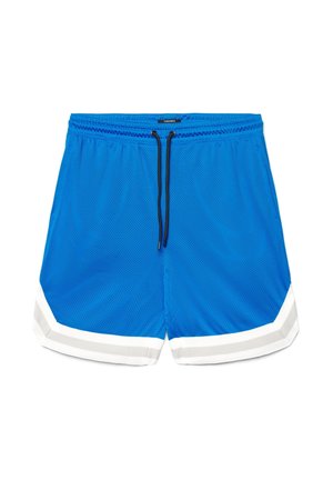 Pantaloncini sportivi in mesh blu con rifiniture bianche e grigie sull'orlo e una fascia in vita con coulisse nera su sfondo bianco.