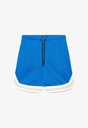 Pantaloncini sportivi in mesh blu con rifiniture bianche e grigie sull'orlo e una fascia in vita con coulisse nera su sfondo bianco.