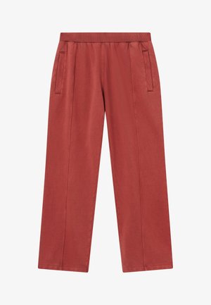 Roestkleurige wijde broek van zachte stof, met zijzakken en een textuurband voor comfort.