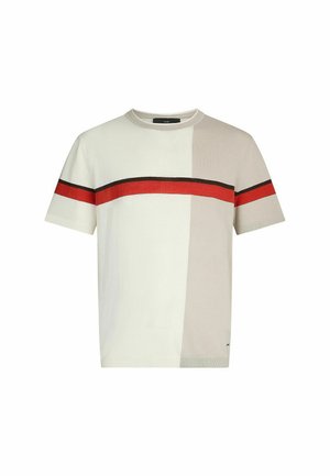 Kurzärmliges Strick-T-Shirt in Off-White, Beige und Rot mit horizontalen Streifen. Verfügt über einen runden Ausschnitt und ein strukturiertes Material.