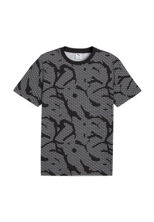 Black short-sleeve t-shirt with a textured pattern featuring repeated white text and abstract shapes. Round neckline and relaxed fit.