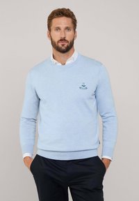 Maglione azzurro chiaro con scollo rotondo, polsini e bordo a coste, caratterizzato da un logo ricamato sul lato sinistro del petto. Texture morbida e a maglia.