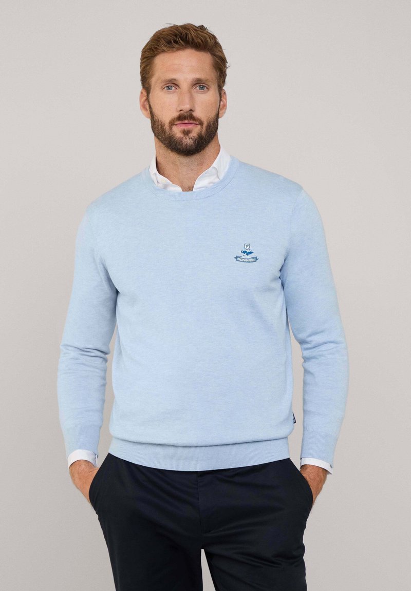 Maglione azzurro chiaro con scollo rotondo, polsini e bordo a coste, caratterizzato da un logo ricamato sul lato sinistro del petto. Texture morbida e a maglia.