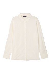 White long-sleeve shirt in lightweight fabric with a button-down front and collar. Features embroidered floral patterns throughout.