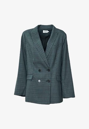 Doppelt geknöpfter Blazer aus dunkelgrünem und blauem Karomuster. Mit Reverskragen, zwei Vordertaschen und strukturiertem Stoff.