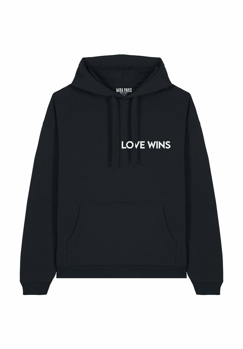 Felpa nera con tasca frontale e coulisse. "LOVE WINS" è ricamato in bianco sul petto. Tessuto morbido, vestibilità comoda.