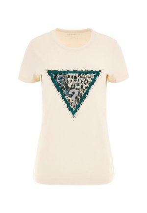 Cream short-sleeve t-shirt with a teal triangle graphic, embellished logo, and rhinestones along the edges. Soft material and standard fit.