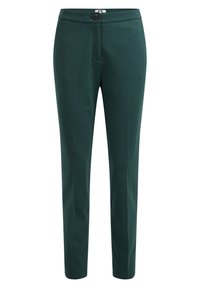 Dunkelgrüne, maßgeschneiderte Hose mit geradem Bein, Knopf- und Reißverschluss am Bund sowie einem glatten, knitterfreien Stoff.