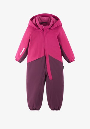 Pink and purple waterproof snowsuit featuring a hood, elastic cuffs, and a front tie closure, made from durable, smooth fabric.