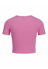 Korte roze geribde t-shirt met ronde hals en korte mouwen, met een aansluitend ontwerp en een effen textuur.